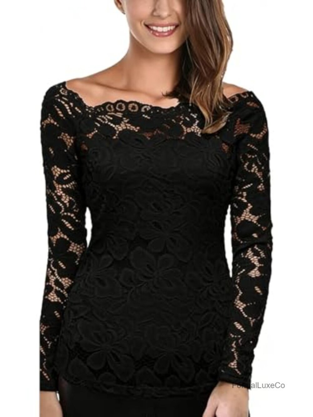 Lace Off-Shoulder Floral Blouse Fitted 7/8 Sleeve Top
